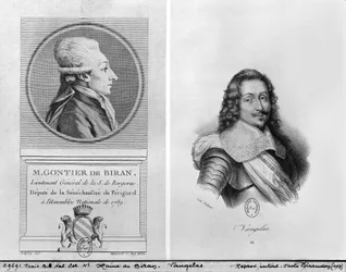 Porträt von Marie Francois Gontier de Biran bekannt als Maine de Biran (1766-1824), Porträt von Claude Favre de Vaugelas (1585-1650) graviert von Francois Seraphin Delpech (1778-1825) und Massard (19. Jh.)